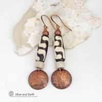 Long Hammered Copper Earrings with African Batik Bone Beads - Afrocentric Boho Ethnic Tribal Artisan Jewelry
