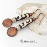 Long Hammered Copper Earrings with African Batik Bone Beads - Afrocentric Boho Ethnic Tribal Artisan Jewelry