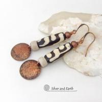 Long Hammered Copper Earrings with African Batik Bone Beads - Afrocentric Boho Ethnic Tribal Artisan Jewelry