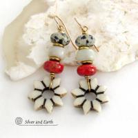 African Carved Bone Flower Shaped Earrings with Red Coral and Dalmatian Jasper Stones