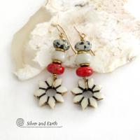 African Carved Bone Flower Shaped Earrings with Red Coral and Dalmatian Jasper Stones