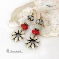 African Carved Bone Flower Shaped Earrings with Red Coral and Dalmatian Jasper Stones