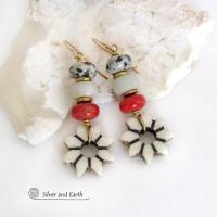 African Carved Bone Flower Shaped Earrings with Red Coral and Dalmatian Jasper Stones