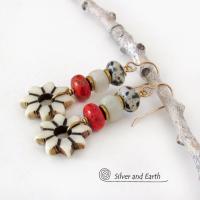 African Carved Bone Flower Shaped Earrings with Red Coral and Dalmatian Jasper Stones