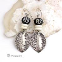 Sterling Silver Earrings with African Black White Carved Bone Beads - Unique Ethnic Tribal Artisan Handcrafted Jewelry