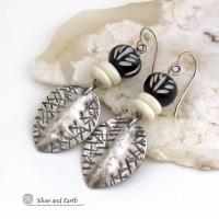 Sterling Silver Earrings with African Black White Carved Bone Beads - Unique Ethnic Tribal Artisan Handcrafted Jewelry