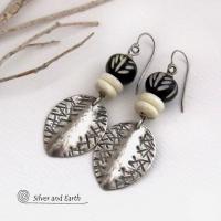 Sterling Silver Earrings with African Black White Carved Bone Beads - Unique Ethnic Tribal Artisan Handcrafted Jewelry
