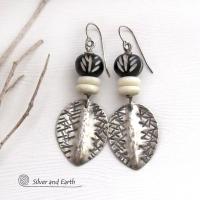 Sterling Silver Earrings with African Black White Carved Bone Beads - Unique Ethnic Tribal Artisan Handcrafted Jewelry