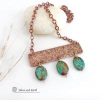Gorgeous African turquoise stones were combined with handcrafted copper to create this bold statement necklace. I created the neck piece out of solid copper sheet and hammered the metal to create a rich, organic texture. The stones have beautiful hues of green, blue, brown, black and rust which contrast beautifully against the warm glow of the metal. The neck piece hangs from a solid copper chain with an intricate stamped design and is finished off with a sturdy, *easy-to-fasten* hook & eye closure.