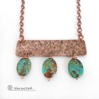 Gorgeous African turquoise stones were combined with handcrafted copper to create this bold statement necklace. I created the neck piece out of solid copper sheet and hammered the metal to create a rich, organic texture. The stones have beautiful hues of green, blue, brown, black and rust which contrast beautifully against the warm glow of the metal. The neck piece hangs from a solid copper chain with an intricate stamped design and is finished off with a sturdy, *easy-to-fasten* hook & eye closure.