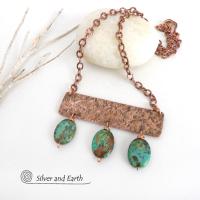Gorgeous African turquoise stones were combined with handcrafted copper to create this bold statement necklace. I created the neck piece out of solid copper sheet and hammered the metal to create a rich, organic texture. The stones have beautiful hues of green, blue, brown, black and rust which contrast beautifully against the warm glow of the metal. The neck piece hangs from a solid copper chain with an intricate stamped design and is finished off with a sturdy, *easy-to-fasten* hook & eye closure.