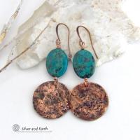 These handcrafted earrings feature copper dangles with a rustic, earthy organic hammered texture accented with natural African turquoise stones. They have an earthy chic style that coordinates beautifully with all wardrobe types. Handmade in the USA by Silver and Earth Jewelry. Your choice of ear wires - copper or hypoallergenic niobium. Makes a great gift for couples celebrating their seventh wedding anniversary, as copper is the traditional choice for this occasion.