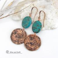 These handcrafted earrings feature copper dangles with a rustic, earthy organic hammered texture accented with natural African turquoise stones. They have an earthy chic style that coordinates beautifully with all wardrobe types. Handmade in the USA by Silver and Earth Jewelry. Your choice of ear wires - copper or hypoallergenic niobium. Makes a great gift for couples celebrating their seventh wedding anniversary, as copper is the traditional choice for this occasion.