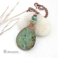 Natural African Turquoise Stone Pendant Necklace Wire Wrapped in Copper 