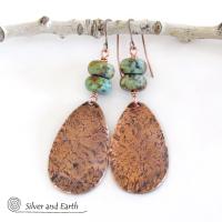 Copper Teardrop Dangle Earrings with African Turquoise Jasper Stones - 7th Anniversary Gifts for Women