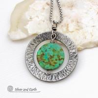 African Turquoise Silver Pewter Hammered Circle Necklace - Handcrafted Modern Earthy Natural Gemstone Jewelry