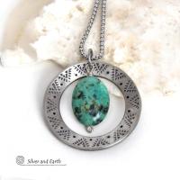 Hand Stamped Silver Pewter Circle Necklace with Natural African Turquoise Stone