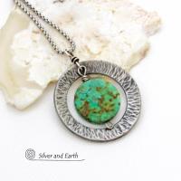 African Turquoise Silver Pewter Hammered Circle Necklace - Handcrafted Modern Earthy Natural Gemstone Jewelry