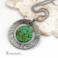 African Turquoise Silver Pewter Hammered Circle Necklace - Handcrafted Modern Earthy Natural Gemstone Jewelry