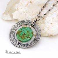 African Turquoise Silver Pewter Hammered Circle Necklace - Handcrafted Modern Earthy Natural Gemstone Jewelry