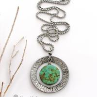 African Turquoise Silver Pewter Hammered Circle Necklace - Handcrafted Modern Earthy Natural Gemstone Jewelry