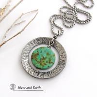 African Turquoise Silver Pewter Hammered Circle Necklace - Handcrafted Modern Earthy Natural Gemstone Jewelry