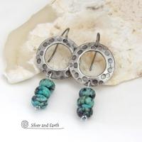 Rustic Textured Silver Pewter Hoop Earrings with African Turquoise Stones - Modern Earthy Organic Natural Gemstone Jewelry