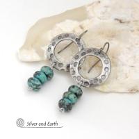 Rustic Textured Silver Pewter Hoop Earrings with African Turquoise Stones - Modern Earthy Organic Natural Gemstone Jewelry