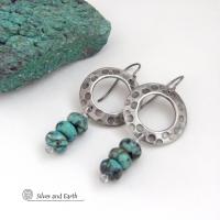 Rustic Textured Silver Pewter Hoop Earrings with African Turquoise Stones - Modern Earthy Organic Natural Gemstone Jewelry