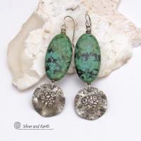 Long African Turquoise Stone Earrings with Rustic Hammered Sterling Silver Dangles