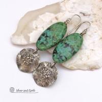 Long African Turquoise Stone Earrings with Rustic Hammered Sterling Silver Dangles