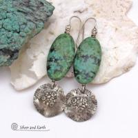 Long African Turquoise Stone Earrings with Rustic Hammered Sterling Silver Dangles