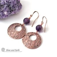 Copper Hoop Earrings with Faceted Purple Amethyst Gemstones - February Birthstone Jewelry - 6th or 7th Anniversary Gift for Wife
