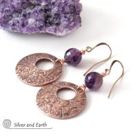 Copper Hoop Earrings with Faceted Purple Amethyst Gemstones - February Birthstone Jewelry - 6th or 7th Anniversary Gift for Wife