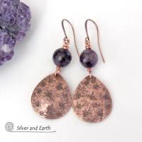 These copper teardrop dangle earrings have a hand stamped texture accented with genuine purple amethyst gemstones with a faceted finish. Modern, classic and elegant - the style is always in fashion. They'll make a great gift for a someone with a February birthday or 6th anniversary gift - amethyst is the gemstone for either occasion. Or a 7th anniversary gift - copper is the traditional theme for this occasion.