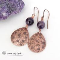 Copper Teardrop Earrings with Purple Amethyst Gemstones - February Birthstone Jewelry - 6th or 7th Anniversary Gift for Wife