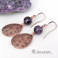 These copper teardrop dangle earrings have a hand stamped texture accented with genuine purple amethyst gemstones with a faceted finish. Modern, classic and elegant - the style is always in fashion. They'll make a great gift for a someone with a February birthday or 6th anniversary gift - amethyst is the gemstone for either occasion. Or a 7th anniversary gift - copper is the traditional theme for this occasion.