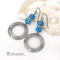 Silver Pewter Circle Hoop Earrings with Faceted Blue Apatite Gemstones