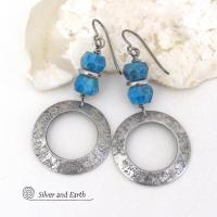 Silver Pewter Circle Hoop Earrings with Faceted Blue Apatite Gemstones