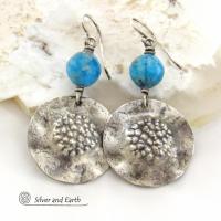 Hammered Sterling Silver Earrings with Faceted Blue Apatite Gemstones - Artisan Handmade Modern Earthy Organic Style Jewelry