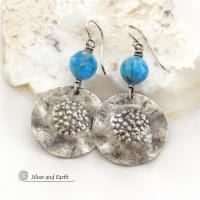 Hammered Sterling Silver Earrings with Faceted Blue Apatite Gemstones - Artisan Handmade Modern Earthy Organic Style Jewelry