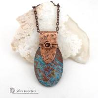 This pendant necklace features a beautiful aqua jasper gemstone with stunning hues of blue and brown accented with a hand forged copper bail with a lightly hammered texture. It's accented with twists of solid copper wire which forms a spiral in front. Unique and one-of-a-kind, it makes a great gift for a natural stone lover - or a nice addition to your own jewelry collection.