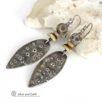 Rustic Sterling Silver Earrings with Asteroid Jasper Stones - Bold Edgy Earthy Organic Style Jewelry