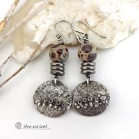 Small Rustic Hammered Sterling Silver Earrings with Earthy Natural Asteroid Jasper Stones