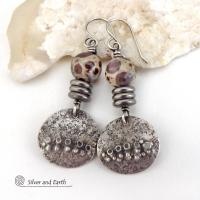 Small Rustic Hammered Sterling Silver Earrings with Earthy Natural Asteroid Jasper Stones
