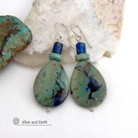 These earrings feature natural azurite-malachite gemstones with beautiful hues of royal blue and turquoise, along with subtle brown streaks. They are accented with a natural turquoise and azurite bead. Azurite-malachite is a combination of two different gemstones found blended together - compliments of Mother Nature. The rich blue color of the azurite is found intertwined with the deep, rich earthy green malachite. This "marriage" of stones is typically found in or around copper deposits. 
