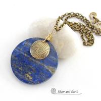 Blue Lapis Lazuli Gemstone Necklace with Spiral Textured Gold Brass - Bold Unique One of a Kind Egyptian Style Statement Jewelry 