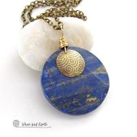 Blue Lapis Lazuli Gemstone Necklace with Spiral Textured Gold Brass - Bold Unique One of a Kind Egyptian Style Statement Jewelry 