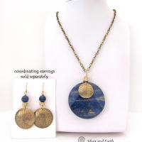 Blue Lapis Lazuli Gemstone Necklace with Spiral Textured Gold Brass - Bold Unique One of a Kind Egyptian Style Statement Jewelry 