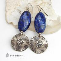 Sterling Silver Dangle Earrings with Large Blue Lapis Lazuli Gemstones - Artisan Handmade Bold Modern Statement Jewelry